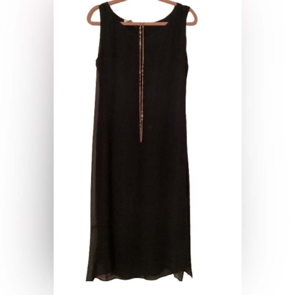 Black Sheath Midi Dress with Sheer Overlay and Side Slit